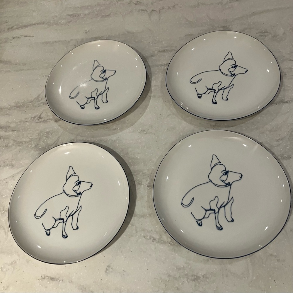 West Elm frank Millero 4 white plates with blue dog pencil drawing. EUC!